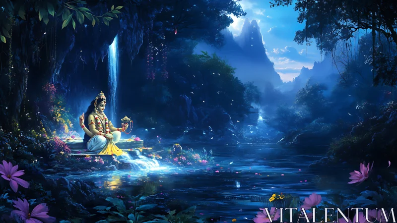 Divine figure meditating by moonlit forest waterfall pond.