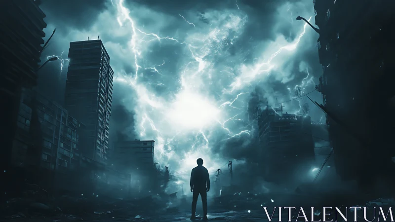 Silhouette observes lightning storm over ruined city street