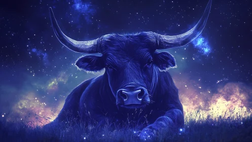Celestial longhorn bull resting in luminous nebula meadow