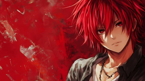 Red haired anime boy against intense abstract red field.