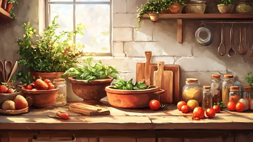 Sunlit rustic kitchen herbs with ripe tomatoes and spices.