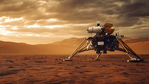 Mars lander under golden storm-lit Martian sky at dusk.