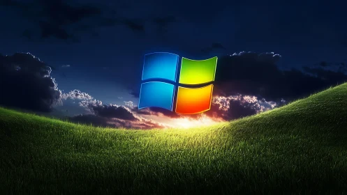 Windows logo over stylized grassy hills at sunset sky.