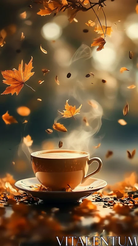 Steaming cup of coffee with falling autumn leaves scene.