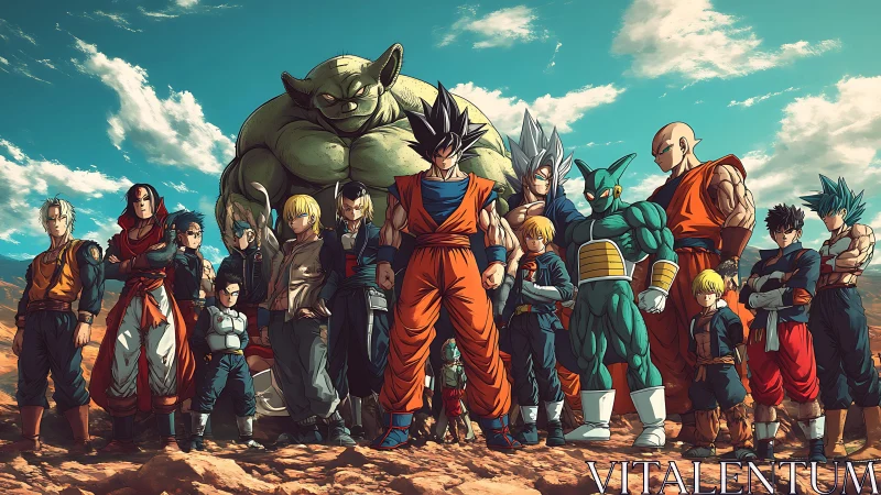 Powerful anime warrior team assembled on rocky plain.