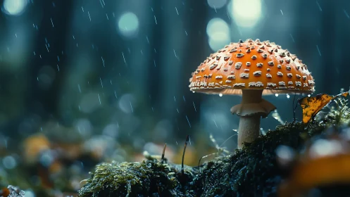 Rain-kissed toadstool monarch glowing in a misty forest.