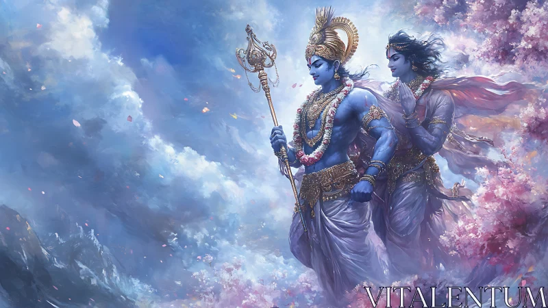 Blue-skinned figures in ornate dress amid clouds and blossoms.