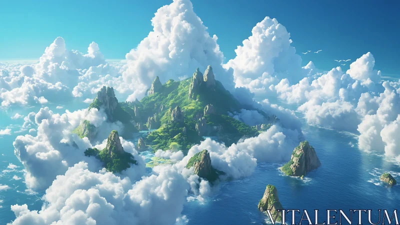 Aerial Island Archipelago with Cumulus Cloud Formation and Turquoise Ocean.