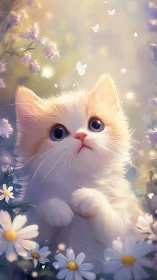 White kitten with blue eyes surrounded by purple flowers and butterflies.