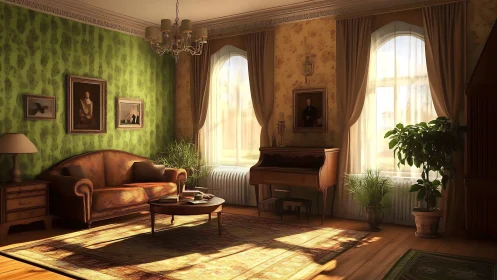 Sunlit parlor hush with piano, portraits, and patient plants.