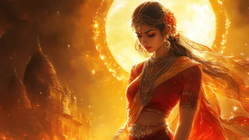 Backlit Indian woman framed by solar halo and temple silhouette
