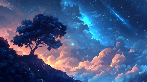 Starlit hillside tree gazes up into glowing clouds and sky
