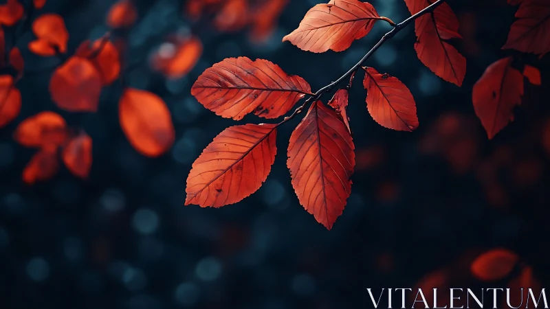 Close-up of vibrant red autumn leaves on branch, moody background.