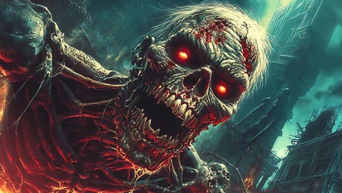 Undead horror lunges through burning postapocalyptic ruins.