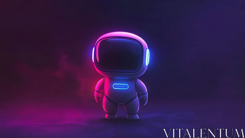 Neon-gleamed baby astronaut glows in a dreamy cosmic dusk.