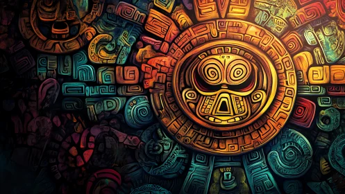 Aztec-inspired radial mask rendered in luminous digital relief