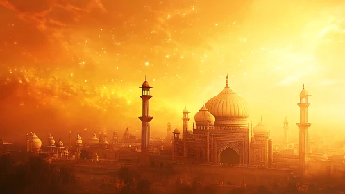 Golden celestial palace rising through a burning evening sky.