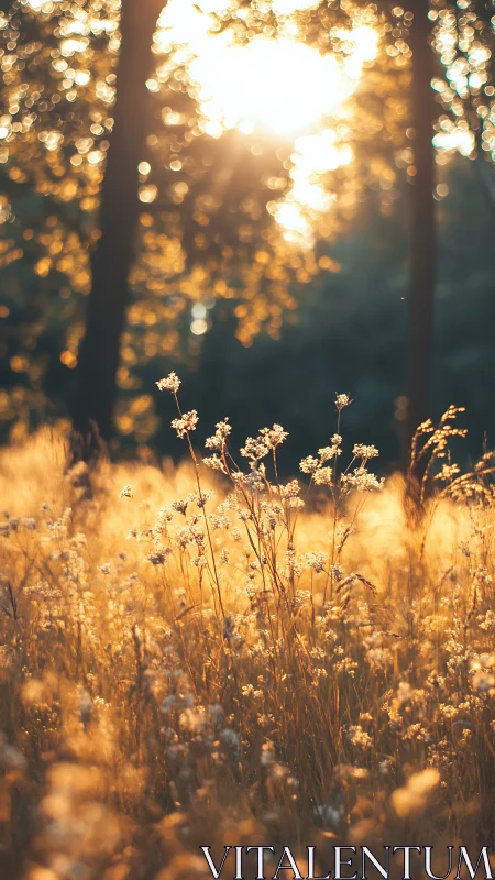 Backlit wildflower meadow with golden-hour bokeh field study.
