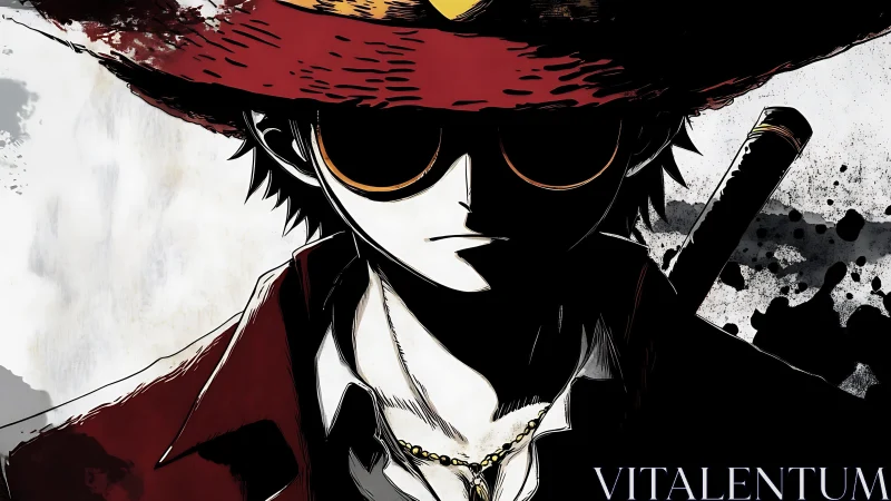 Shadowed anime swordsman in red hat and coat, ink splatter backdrop.