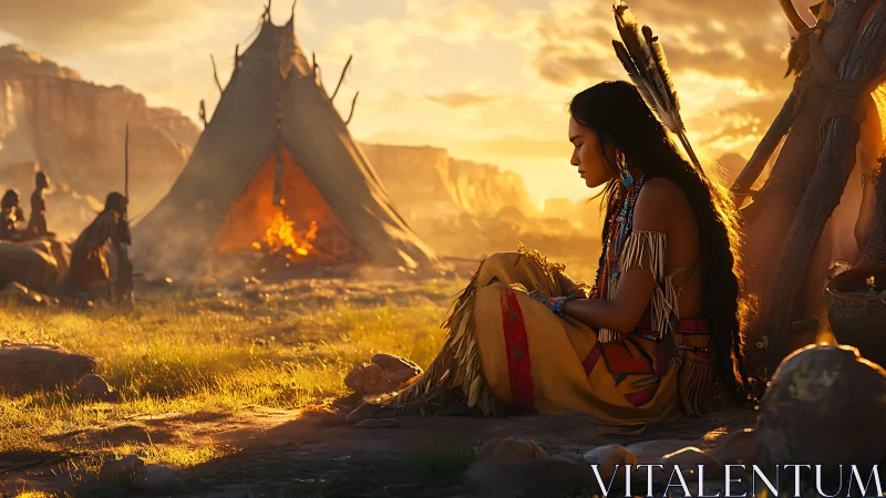 Woman in traditional dress sits by tipi at sunset
