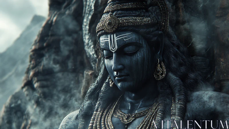 Serene stone deity rests within misty mountain silence.