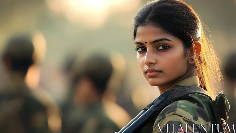 Confident Female Soldier in Camouflage Uniform, Soft Golden Light.