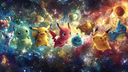 Playful Pokémon drift through a luminous cosmic galaxy dream