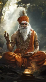 Meditating sage in forest light embodies sacred tranquility.