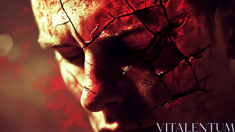 Fractured human face glowing with inner molten cracks.