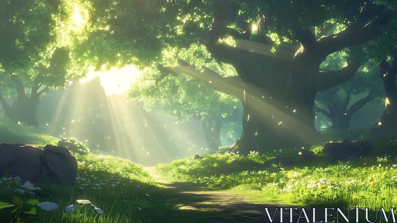 Sunlit forest clearing reveals winding mossy path