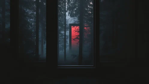 Red Sun Bleeds Through Misty Forest Frame Windows.