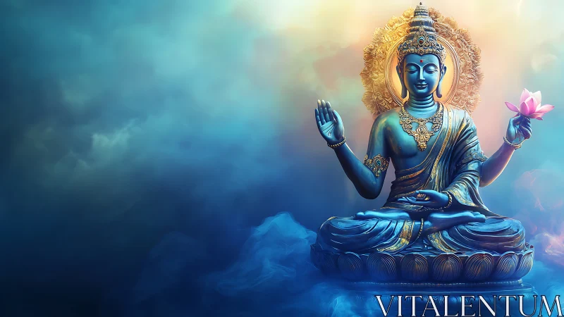 Serene lotus guardian in luminous sapphire twilight aura.