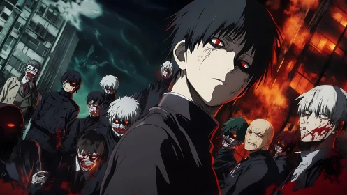 Bloodstained ghoul collective dominates a burning urban nightscape