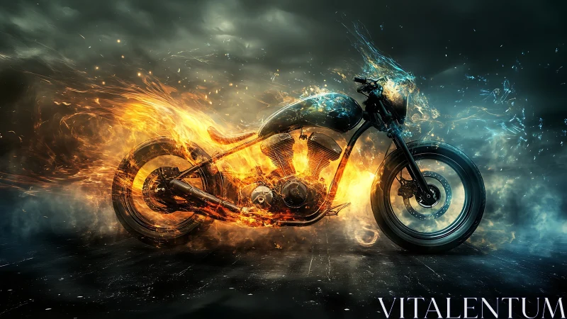 Motorcycle rendered with opposing fire and water effects.