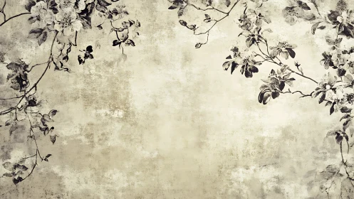 Vintage floral branches frame textured parchment field.