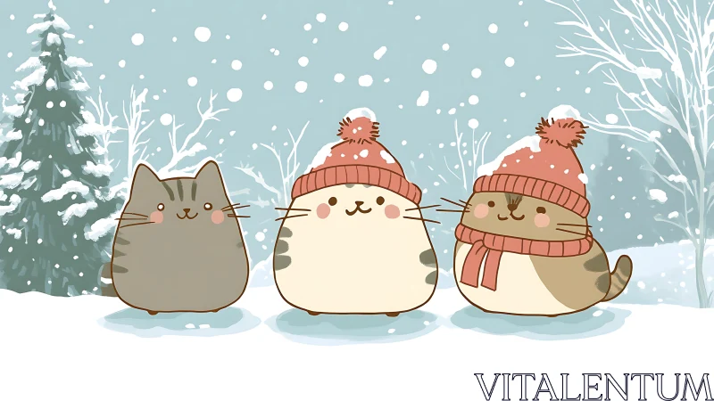 Winter Scene with Three Anthropomorphic Cats in Snow Setting
