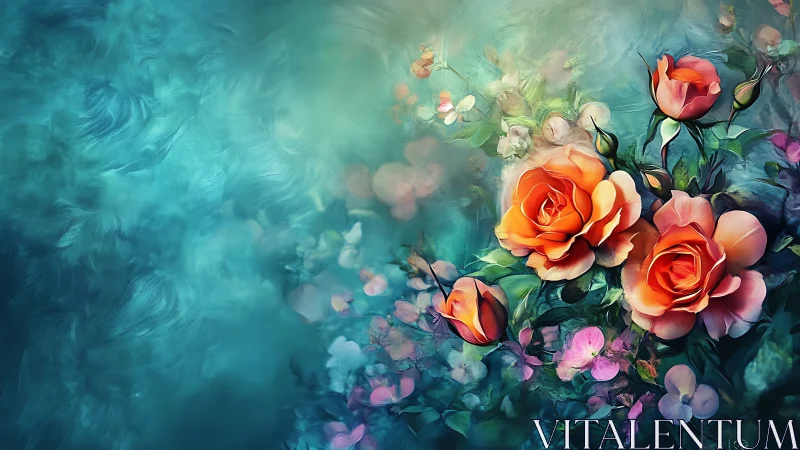 Orange roses bloom against turquoise water swirls