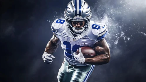 Dallas football runner drives forward through explosive mist