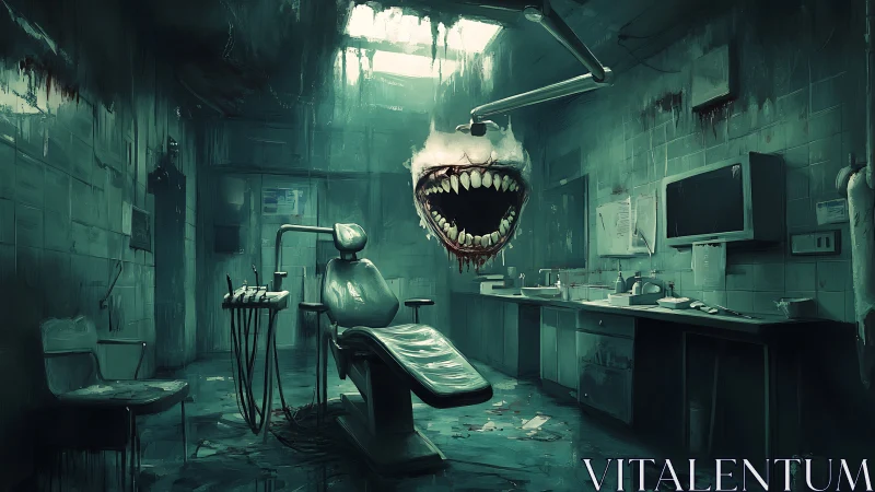 Horror dental clinic with monstrous levitating jaw, teal palette.
