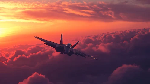 Jet fighter gliding above glowing sunset cloud ocean.