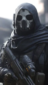 Masked tactical operative holds rifle in urban warfare zone.
