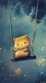 Tiny golden kitten drifting on a dreamy night swing.