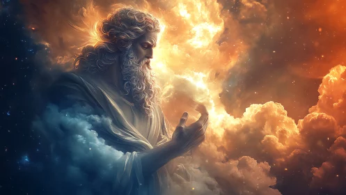 Divine robed figure framed by glowing cosmic clouds.