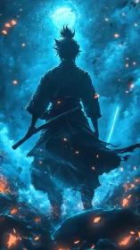 Lone samurai beneath ethereal blue moonlit inferno.