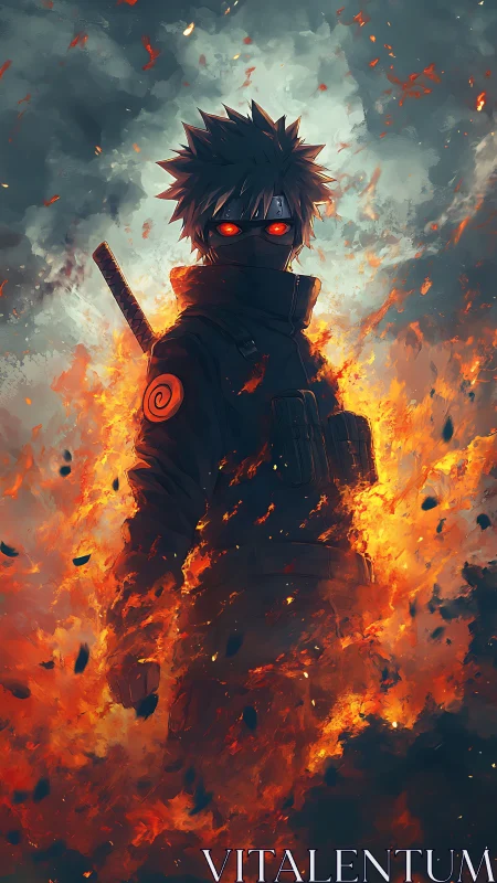 Fiery masked warrior walking calmly through swirling embers.
