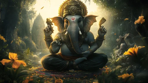 Elephant-headed deity sits in lush forest with temple backdrop