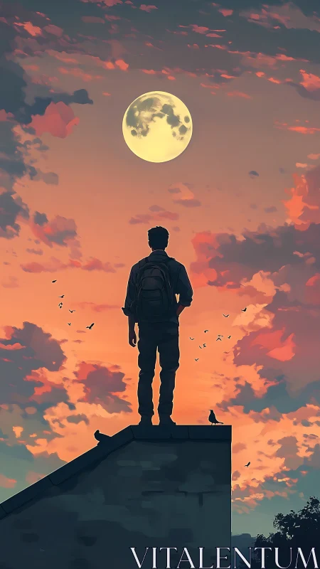 Soft twilight rooftop pause under a quietly rising moon.