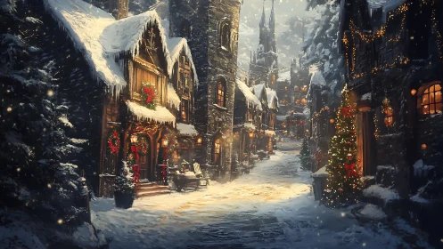 Snow-covered village street displays winter architecture