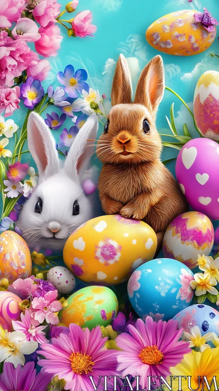 High-saturation Easter vignette with fur-detailed rabbits and eggs