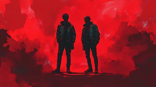 Silhouetted figures confront crimson void in stylized haze